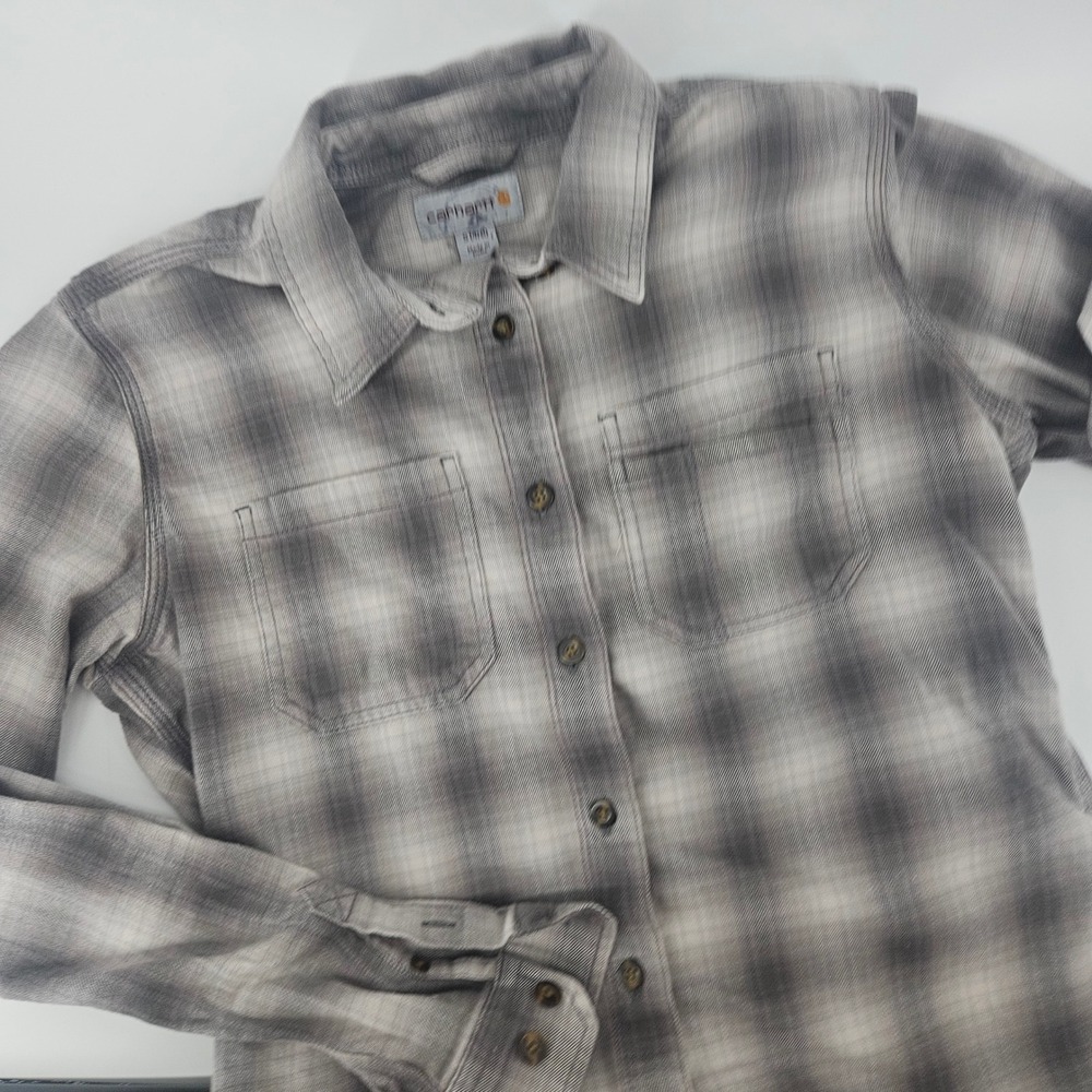Carhartt Women Small 4/6 Plaid Button Down Shirt Gray Ombre Flannel Workwear